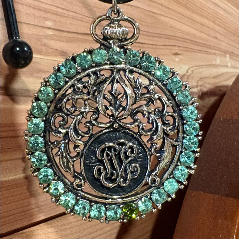 Vintage Judy Lee Pocket Watch Style Pendant with Green Gemstones Goldtone Metal